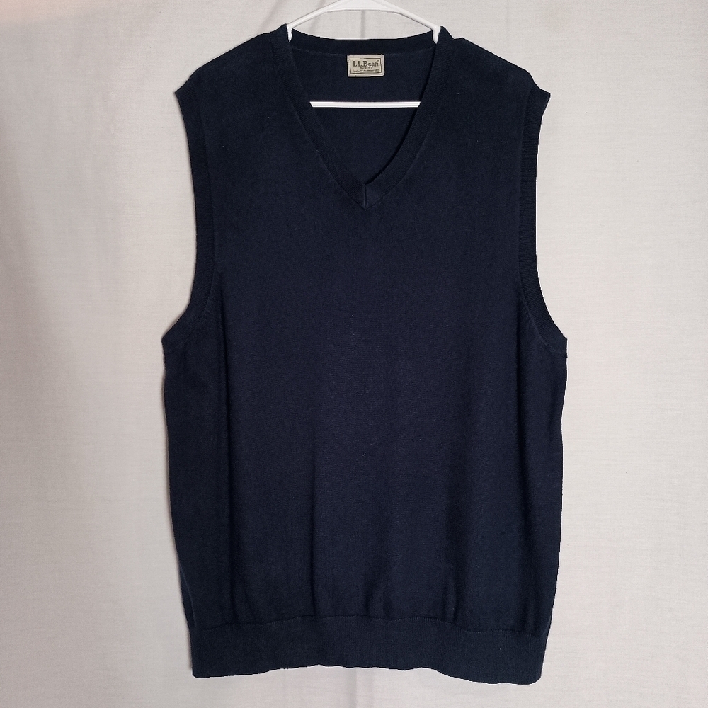 Vintage LL Bean Mens Large Black/Navy Cashmere Blend Knit V-Neck Sweater Vest